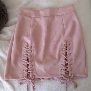 Pink faux suede lace up skirt